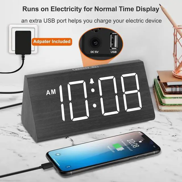 Alt view image 5 of 6 - Eyesoul Wooden Digital Alarm Clocks for Bedrooms - Electric Desk Clock with Large Numbers, USB Port, Loud Alarm for Heavy Sleepers, Adjustable Volume, Dimmer, DST, Wood Décor Gifts, Adapter Powered