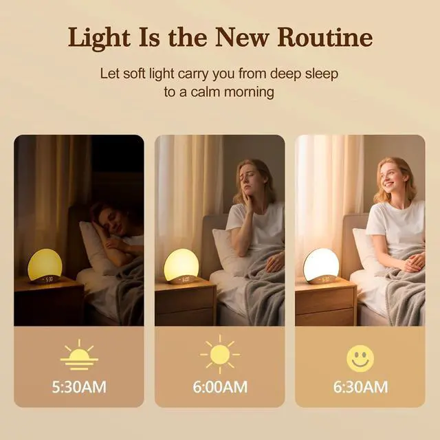 Alt view image 2 of 6 - Eyesoul Wood Grain Sunrise Alarm Clock and Sound Machine Nightlight, Digital Dimmable Clock for Bedroom, 26 Sleep Sounds, White Noise Machine for Baby, Adults, Wake Up Light Alarm Clock for Kids