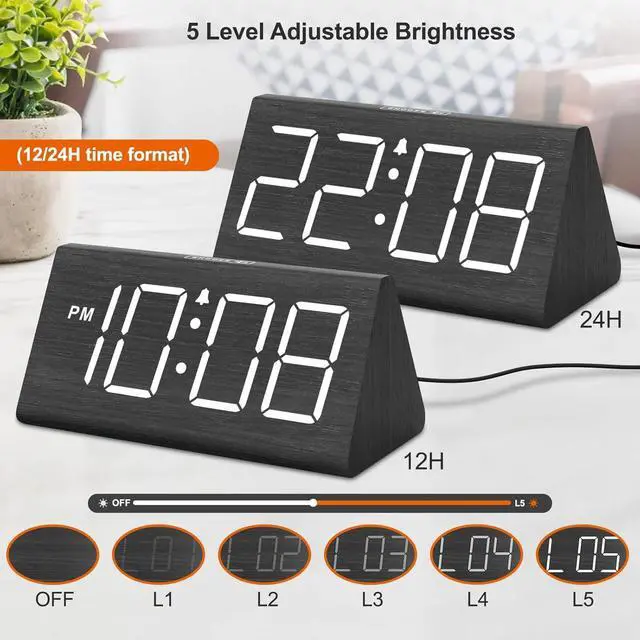 Alt view image 4 of 6 - Eyesoul Wooden Digital Alarm Clocks for Bedrooms - Electric Desk Clock with Large Numbers, USB Port, Loud Alarm for Heavy Sleepers, Adjustable Volume, Dimmer, DST, Wood Décor Gifts, Adapter Powered