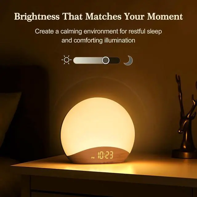 Alt view image 5 of 6 - Eyesoul Wood Grain Sunrise Alarm Clock and Sound Machine Nightlight, Digital Dimmable Clock for Bedroom, 26 Sleep Sounds, White Noise Machine for Baby, Adults, Wake Up Light Alarm Clock for Kids
