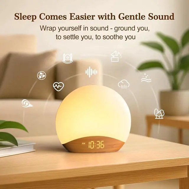 Alt view image 4 of 6 - Eyesoul Wood Grain Sunrise Alarm Clock and Sound Machine Nightlight, Digital Dimmable Clock for Bedroom, 26 Sleep Sounds, White Noise Machine for Baby, Adults, Wake Up Light Alarm Clock for Kids