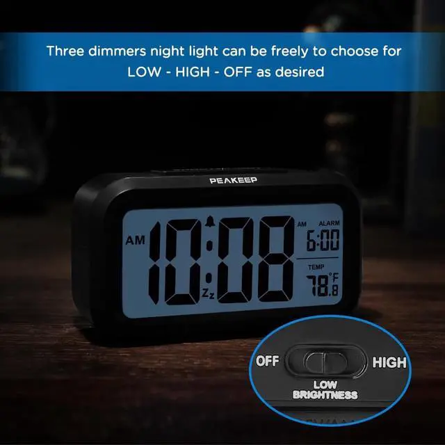 Alt view image 6 of 6 - Eyesoul Night Light Digital Alarm Clock Battery Operated with Indoor Temperature, Desk Small Clock (Black)