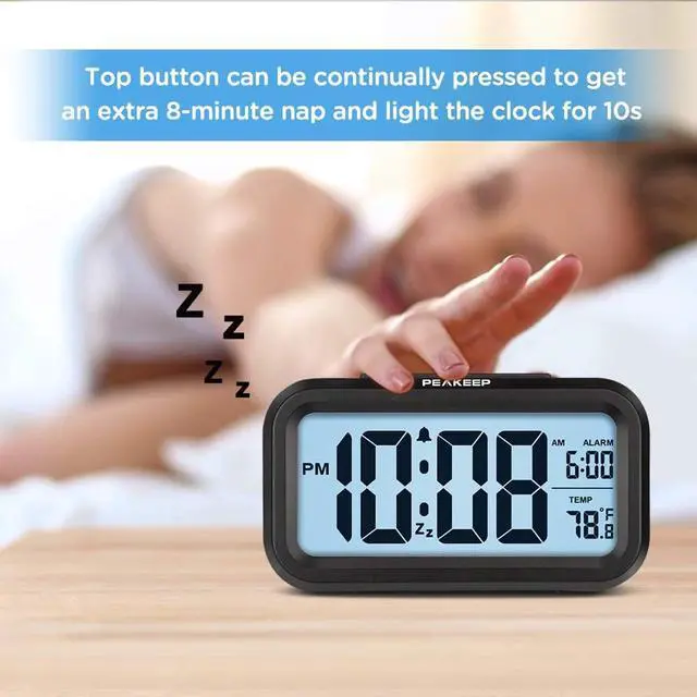 Alt view image 3 of 6 - Eyesoul Night Light Digital Alarm Clock Battery Operated with Indoor Temperature, Desk Small Clock (Black)