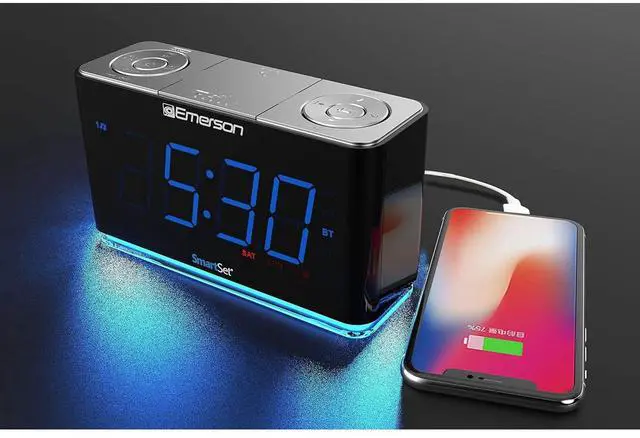 Alt view image 6 of 6 - Eyesoul CKS1507 Smartset Radio Alarm Clock, 1.4" Blue LED Digital Display, USB Charging Port, Brightness Dimmer Controls, Bluetooth Connectivity, Set Alarm to Radio, Music, or Buzzer, Black