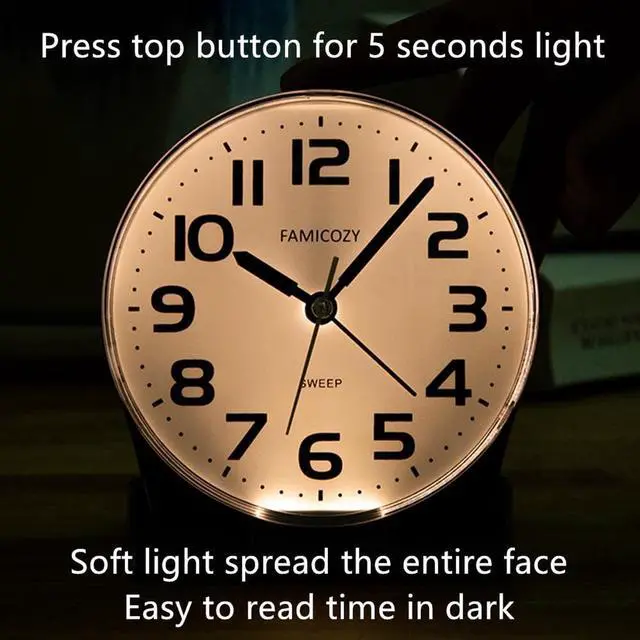 Alt view image 5 of 6 - Eyesoul 4.5" No Ticking Analog Alarm Clock,Silent Readable for Seniors,Easy to Set,Gradual Rise Alarm,Big Numbers,On/Off Switch on Side,Gentle Wake,Snooze Soft Backlight,Battery Operated,Black