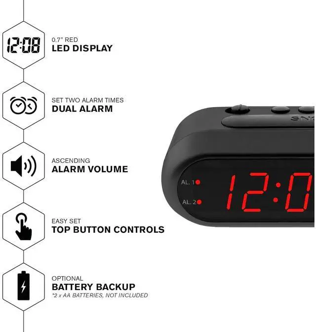 Alt view image 2 of 6 - Eyesoul Digital Alarm Clock  Black Case with Red LEDs - Ascending Alarm Grows Increasing Louder, Gentle Wake Up Experience, Dual Alarm - Battery Back-up, Easy to Use with Simple Operation