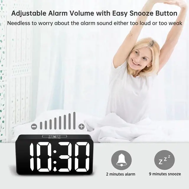 Alt view image 6 of 6 - Eyesoul Small Digital Alarm Clock for Bederoom, Large Big Numbers Display with Dimmer for Living Room, Electric Bedside Desk Clock with USB Charging Port, Adjustable Volume, USB-C Adapter Powered
