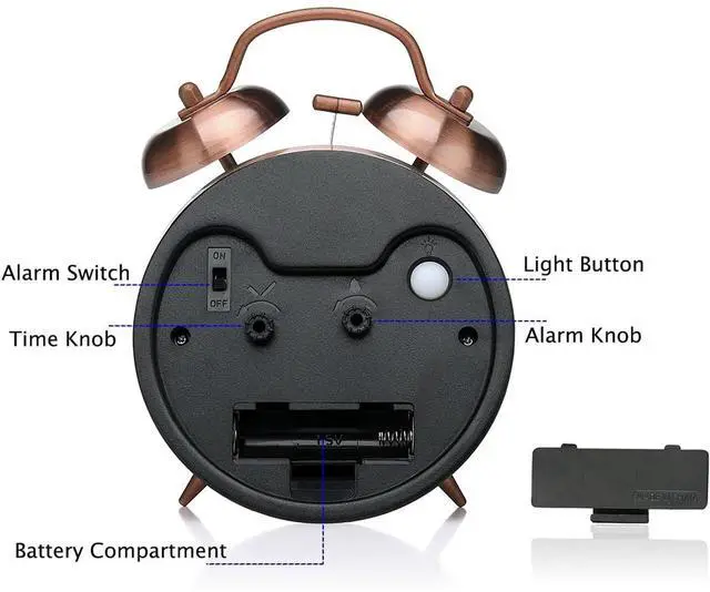 Alt view image 4 of 6 - Eyesoul Loud Analog Alarm Clock for Heavy Sleepers, Vintage 4-Inch Twin Bell Old School Fashioned Wind Up Alarm Clock with Battery Operated for Bedrooms