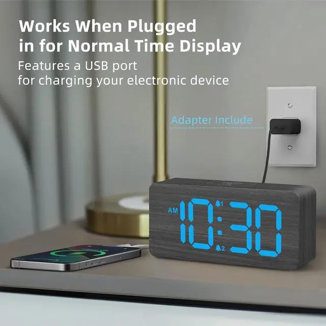 Alt view image 3 of 6 - Eyesoul Wooden Digital Alarm Clocks for Bedrooms: Dimmable Dual Alarm Clock with Large Numbers for Bedside Desk - Loud Alarm for Heavy Sleepers with Volume Control - Wood Decor & Gifts