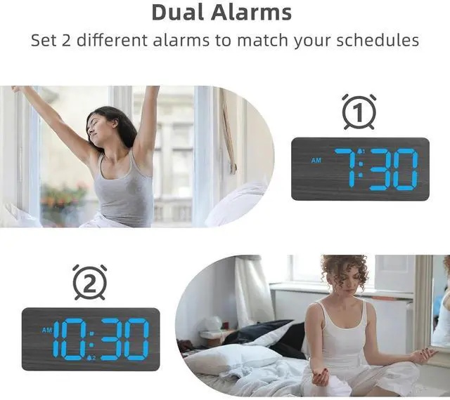 Alt view image 5 of 6 - Eyesoul Wooden Digital Alarm Clocks for Bedrooms: Dimmable Dual Alarm Clock with Large Numbers for Bedside Desk - Loud Alarm for Heavy Sleepers with Volume Control - Wood Decor & Gifts