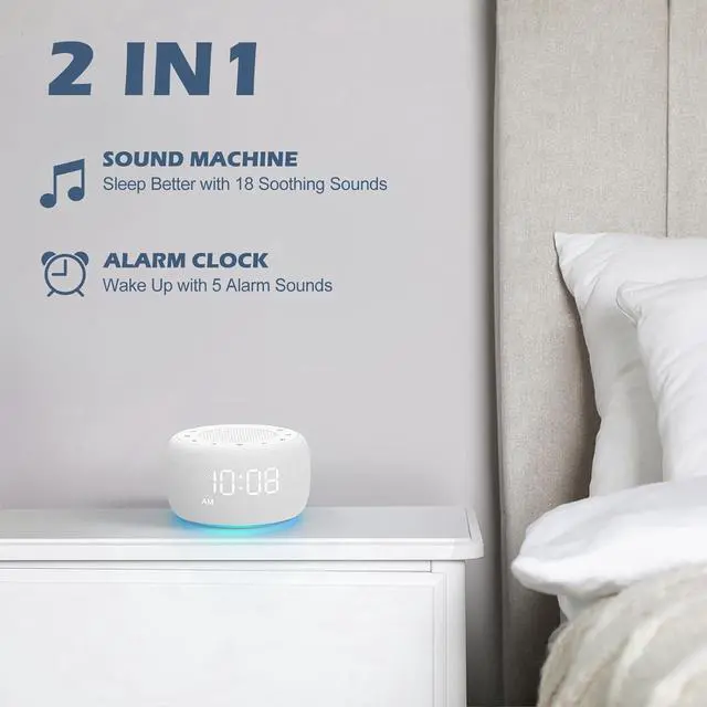 Alt view image 2 of 6 - Eyesoul Sound Machine & Alarm Clock 2-in-1, 0-100% Clock Face Brightness, Bottom Colored Light, Sleep Timer, Precise 30-Level Volume Control White Noise Machine - White