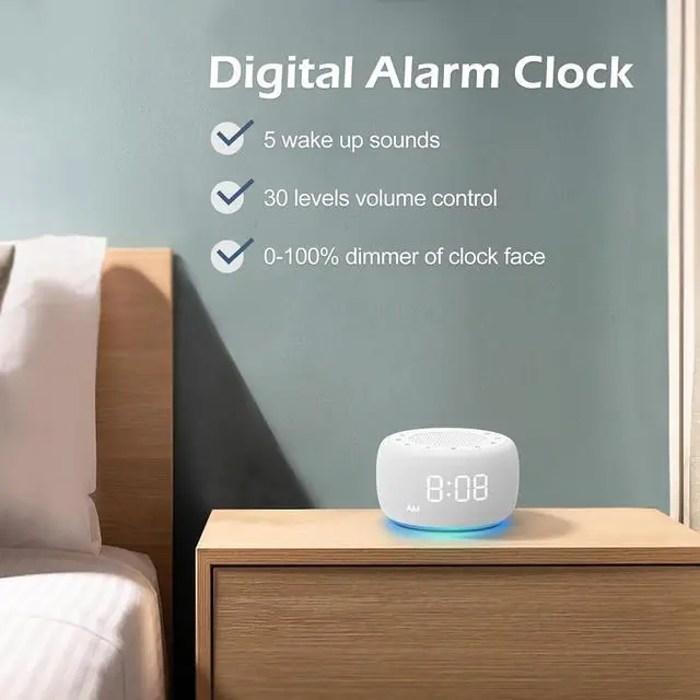 Alt view image 6 of 6 - Eyesoul Sound Machine & Alarm Clock 2-in-1, 0-100% Clock Face Brightness, Bottom Colored Light, Sleep Timer, Precise 30-Level Volume Control White Noise Machine - White