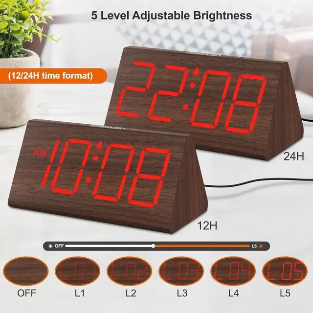 Alt view image 4 of 6 - Eyesoul Wooden Digital Alarm Clocks for Bedrooms - Electric Desk Clock with Large Numbers, USB Port, Loud Alarm for Heavy Sleepers, Adjustable Volume, Dimmer, Snooze, DST, Wood Décor, Adapter Powered
