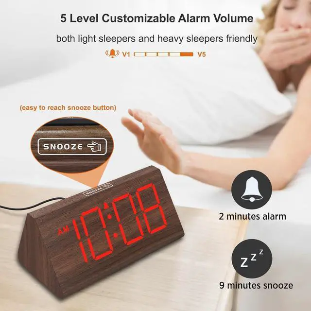 Alt view image 6 of 6 - Eyesoul Wooden Digital Alarm Clocks for Bedrooms - Electric Desk Clock with Large Numbers, USB Port, Loud Alarm for Heavy Sleepers, Adjustable Volume, Dimmer, Snooze, DST, Wood Décor, Adapter Powered