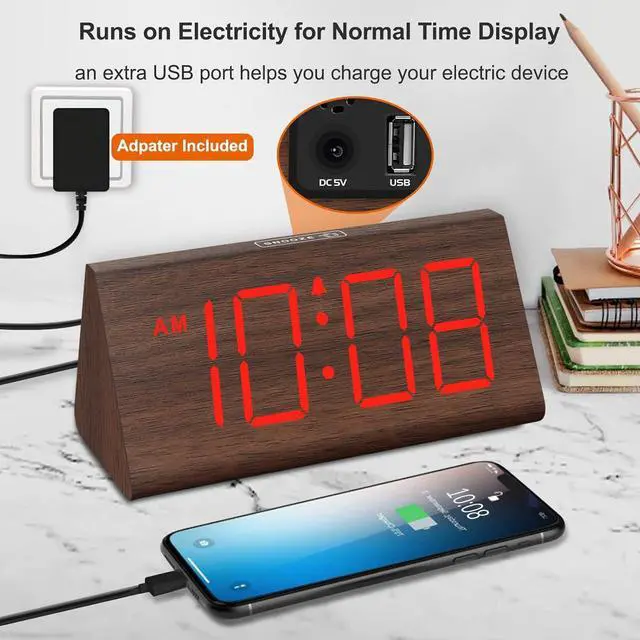 Alt view image 5 of 6 - Eyesoul Wooden Digital Alarm Clocks for Bedrooms - Electric Desk Clock with Large Numbers, USB Port, Loud Alarm for Heavy Sleepers, Adjustable Volume, Dimmer, Snooze, DST, Wood Décor, Adapter Powered