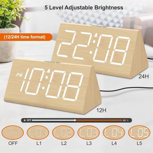 Alt view image 4 of 6 - Eyesoul Wooden Digital Alarm Clocks for Bedrooms - Electric Desk Clock with Large Numbers, USB Port, Loud Alarm for Heavy Sleepers, Adjustable Volume, Dimmer, Snooze, DST, Wood Décor, Adapter Powered
