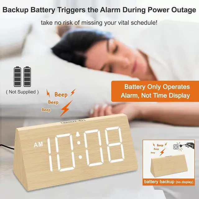 Alt view image 3 of 6 - Eyesoul Wooden Digital Alarm Clocks for Bedrooms - Electric Desk Clock with Large Numbers, USB Port, Loud Alarm for Heavy Sleepers, Adjustable Volume, Dimmer, Snooze, DST, Wood Décor, Adapter Powered