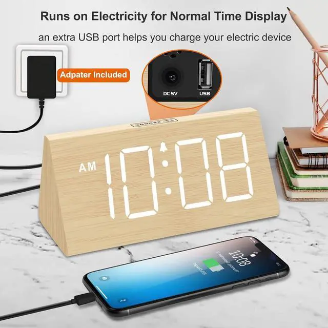 Alt view image 5 of 6 - Eyesoul Wooden Digital Alarm Clocks for Bedrooms - Electric Desk Clock with Large Numbers, USB Port, Loud Alarm for Heavy Sleepers, Adjustable Volume, Dimmer, Snooze, DST, Wood Décor, Adapter Powered