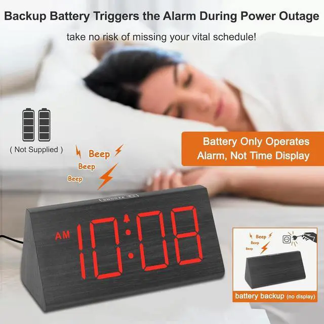 Alt view image 3 of 6 - Eyesoul Wooden Digital Alarm Clocks for Bedrooms - Electric Desk Clock with Large Red Numbers, USB Port, Battery Backup Alarm, Adjustable Volume, Wood Décor, Dimmer, Snooze, DST (Adapter Powered)