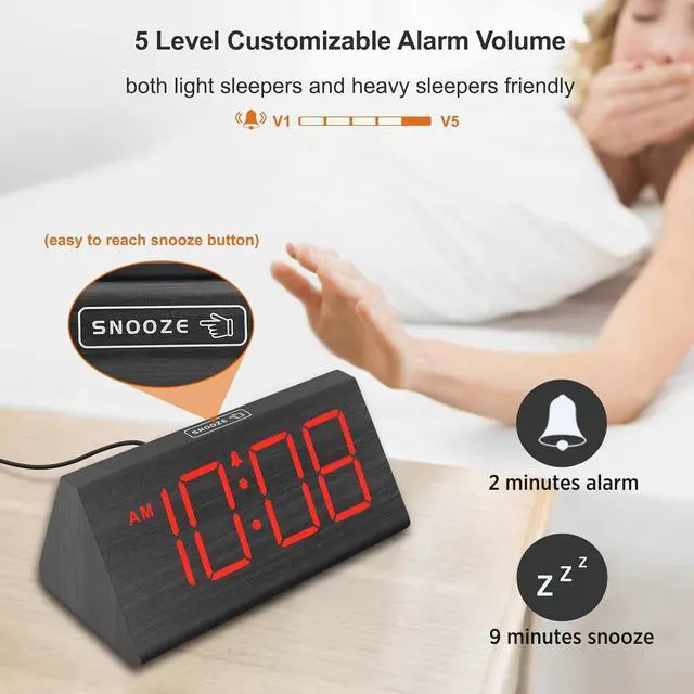 Alt view image 6 of 6 - Eyesoul Wooden Digital Alarm Clocks for Bedrooms - Electric Desk Clock with Large Red Numbers, USB Port, Battery Backup Alarm, Adjustable Volume, Wood Décor, Dimmer, Snooze, DST (Adapter Powered)