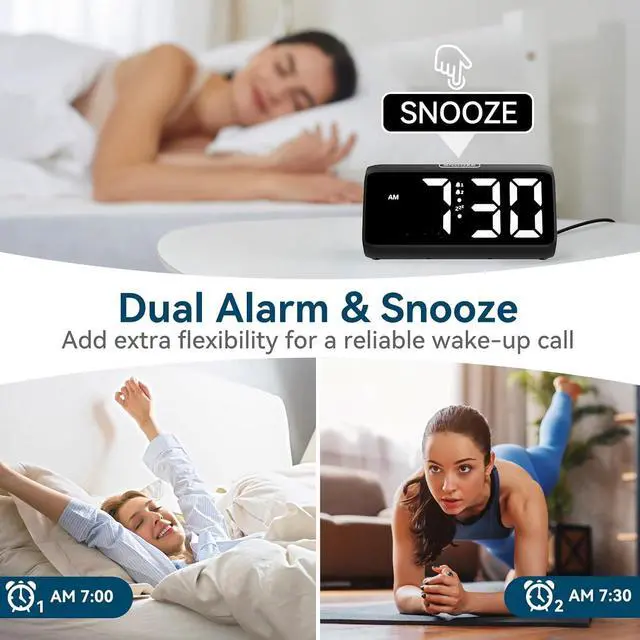 Alt view image 3 of 6 - Eyesoul Digital Alarm Clocks for Bedrooms, Loud Alarm Clock with Dual Alarms, Bold Digits, 5 Dimmers, 4 Volumes, Snooze, Bedside Clock for Deep Sleepers Kids Teens Seniors, Plug in Clock, Easy to Set