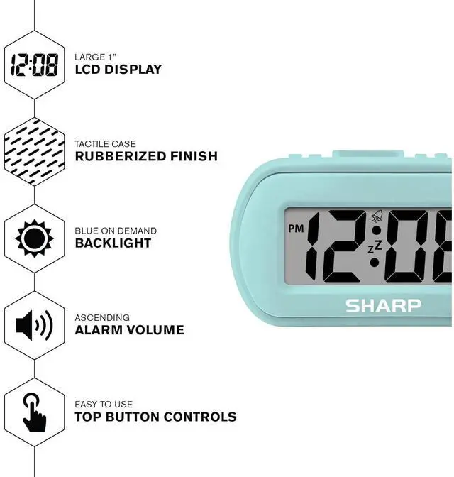 Alt view image 3 of 6 - Eyesoul Digital Alarm Clock  Tactile Case with Soft Rubberized Finish - Battery Operated  Blue Backlight on Demand  Ascending Alarm  Easy to Use - Mint