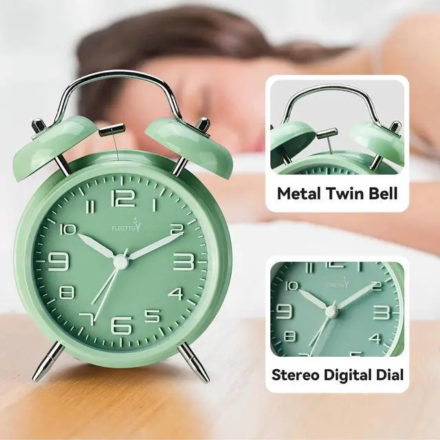 Alt view image 5 of 5 - Eyesoul (Loud Alarm for Deep Sleepers 4'' Twin Bell Alarm Clock, Stereo Digital Dial Alarm Clock with Backlight for Bedroom and Home Decoration(Pea Green)