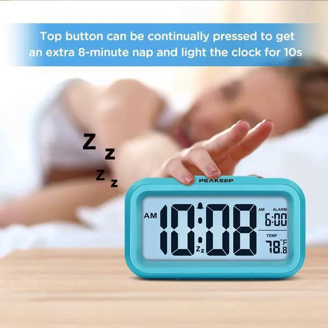 Alt view image 3 of 6 - Eyesoul Night Light Digital Alarm Clock Battery Operated with Indoor Temperature, Desk Small Clock (Blue)