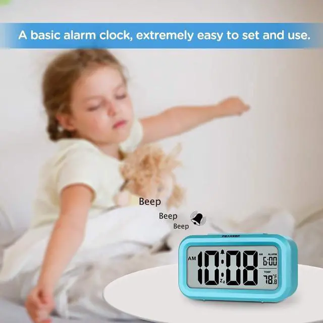 Alt view image 2 of 6 - Eyesoul Night Light Digital Alarm Clock Battery Operated with Indoor Temperature, Desk Small Clock (Blue)