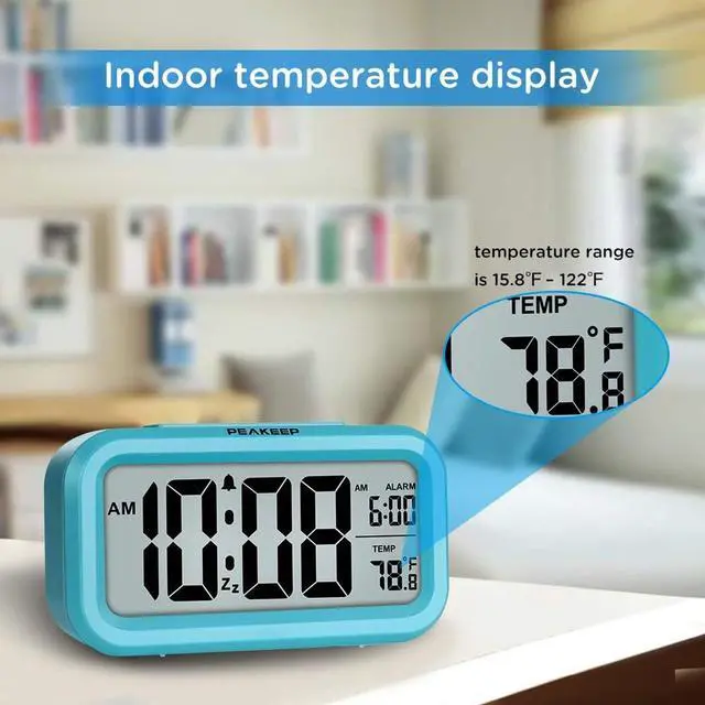 Alt view image 4 of 6 - Eyesoul Night Light Digital Alarm Clock Battery Operated with Indoor Temperature, Desk Small Clock (Blue)