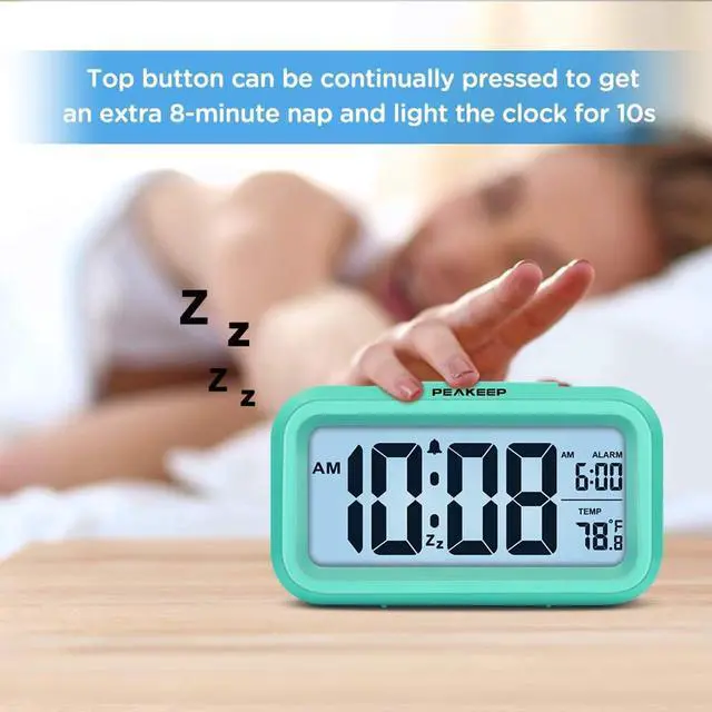 Alt view image 3 of 6 - Eyesoul Night Light Digital Alarm Clock Battery Operated with Indoor Temperature, Desk Small Clock (Mint)