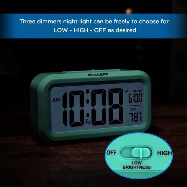 Alt view image 6 of 6 - Eyesoul Night Light Digital Alarm Clock Battery Operated with Indoor Temperature, Desk Small Clock (Mint)