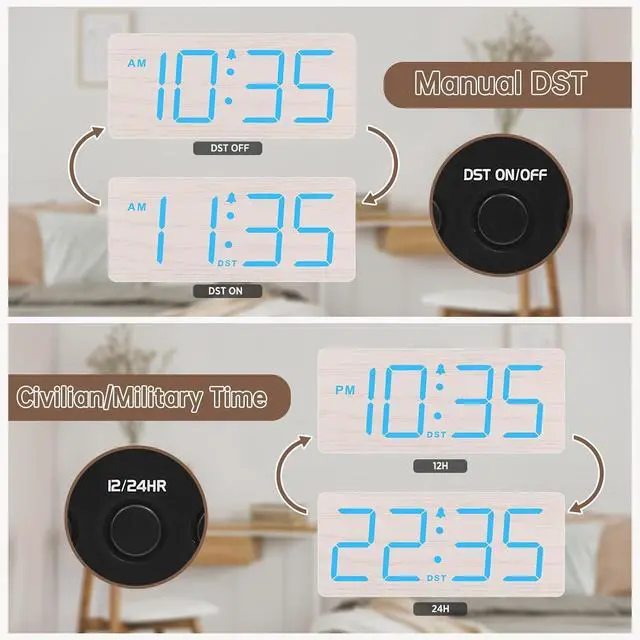 Alt view image 6 of 6 - Eyesoul Wooden Digital Alarm Clock for Bedroom - Desk Clocks for Living Room with Large Numbers, Loud Alarm for Heavy Sleepers with Volume Control, Dimmer, DST, Office Wood Decor (Adapter Powered)