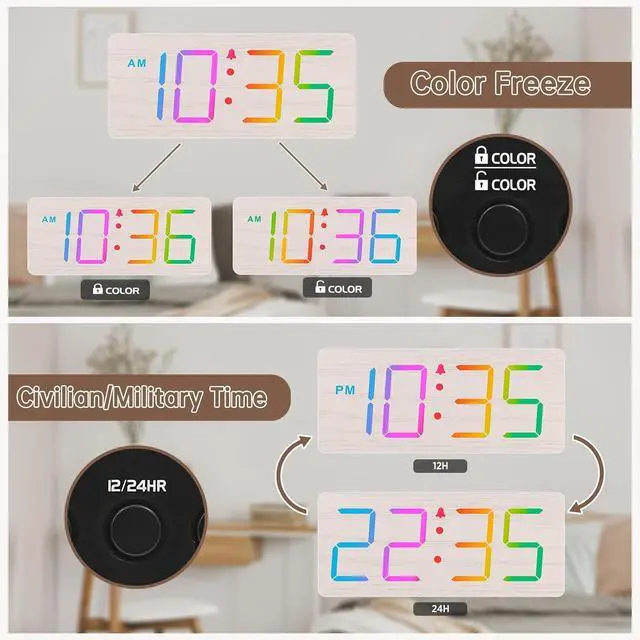 Alt view image 6 of 6 - Eyesoul Wooden Digital Clock for Bedroom Desk - RGB Loud Alarm Clock for Heavy Sleepers with Volume Control, Large Numbers with Dimmer for Living Room Office, Wood Decor (Adapter Powered)