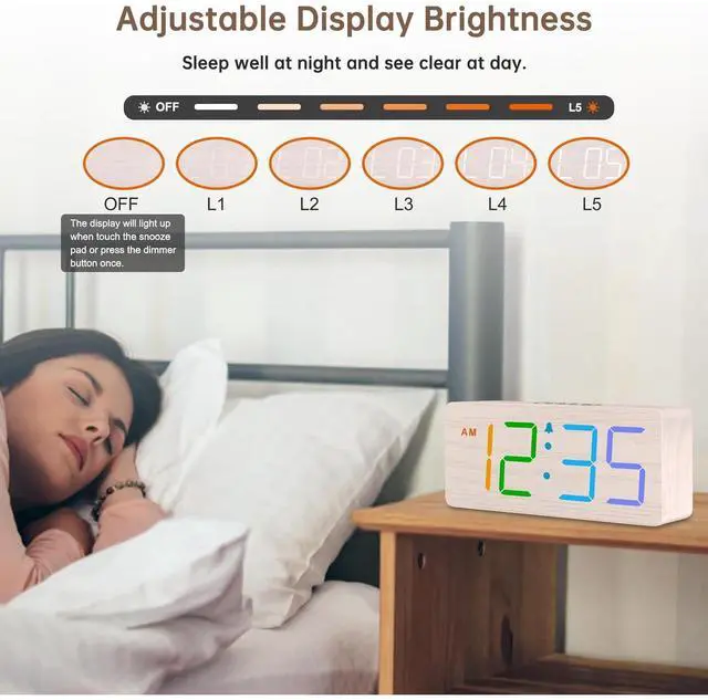 Alt view image 5 of 6 - Eyesoul Wooden Digital Clock for Bedroom Desk - RGB Loud Alarm Clock for Heavy Sleepers with Volume Control, Large Numbers with Dimmer for Living Room Office, Wood Decor (Adapter Powered)