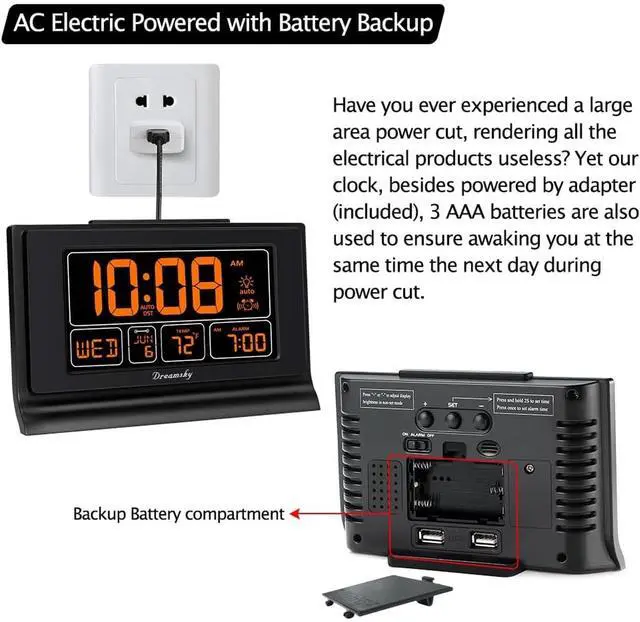 Alt view image 5 of 6 - Eyesoul Digital Alarm Clock with Battery Backup, 5 Inch Large Display, Auto Set Clock, USB Charging Ports, 12/24H