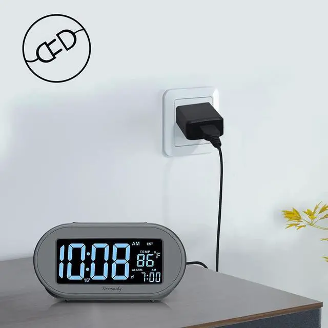 Alt view image 2 of 6 - Eyesoul Alarm Clocks for Bedrooms, Auto Set Digital Desk Clock for Bedside Nightstand, Electric Clock with Dimmable Brightness Dimmer, Auto DST, USB Port, Date, Temperature, Snooze
