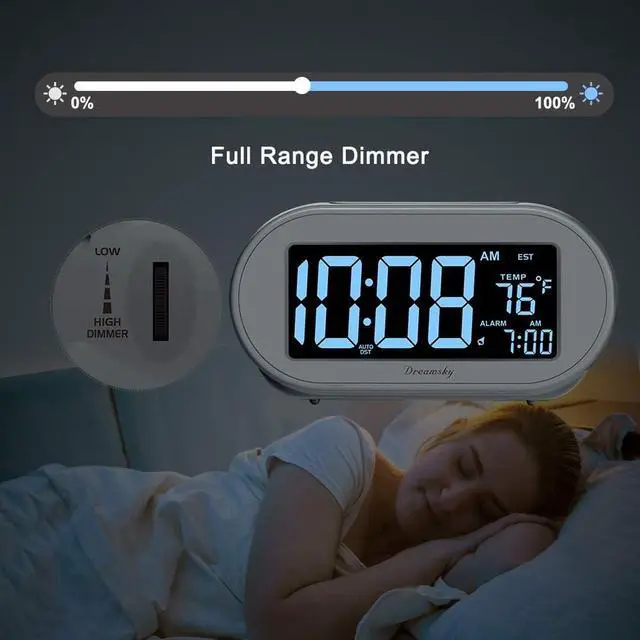 Alt view image 4 of 6 - Eyesoul Alarm Clocks for Bedrooms, Auto Set Digital Desk Clock for Bedside Nightstand, Electric Clock with Dimmable Brightness Dimmer, Auto DST, USB Port, Date, Temperature, Snooze