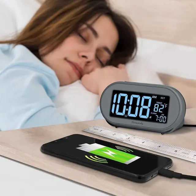 Alt view image 3 of 6 - Eyesoul Alarm Clocks for Bedrooms, Auto Set Digital Desk Clock for Bedside Nightstand, Electric Clock with Dimmable Brightness Dimmer, Auto DST, USB Port, Date, Temperature, Snooze