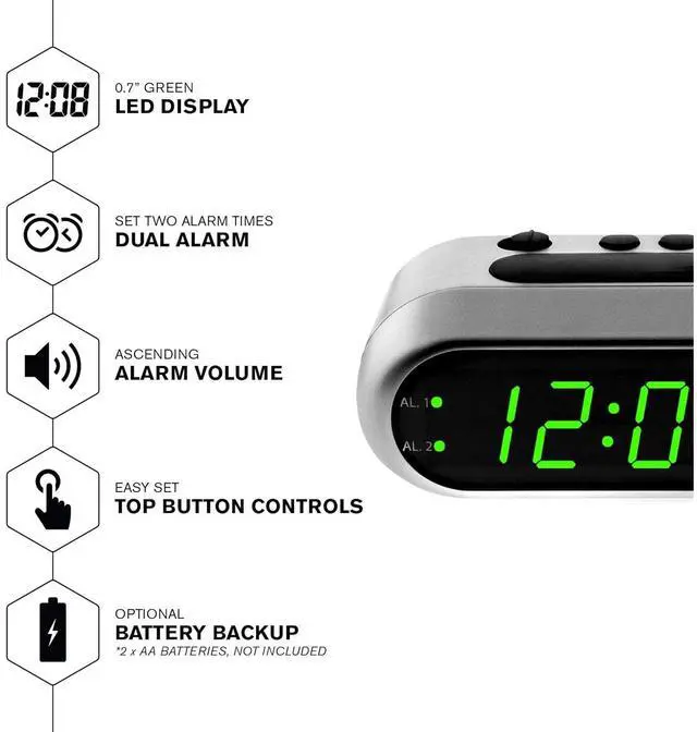 Alt view image 2 of 6 - Eyesoul Digital Alarm Clock - Ascending Alarm Begins Faintly and Grows Increasing Louder, Gentle Wake Up Experience, Dual Alarm - Battery Back-up, Easy to Use with Simple Operation (Brushed Silver)