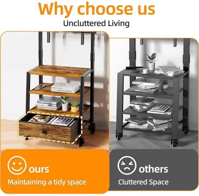 Alt view image 4 of 6 - Eyesoul Rolling TV Stand with Mount and Fabric Drawer for 32-75" TV - Entertainment Center with Charging Station and Industrial TV Console Table for Living Room, Bedroom - Rustic Brown