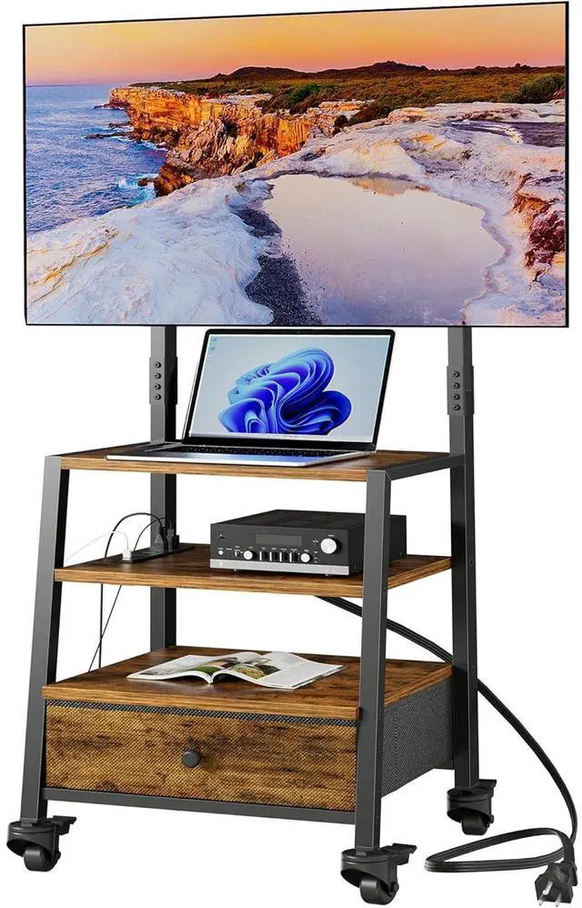 Main image of Eyesoul Rolling TV Stand with Mount and Fabric Drawer for 32-75" TV - Entertainment Center with Charging Station and Industrial TV Console Table for Living Room, Bedroom - Rustic Brown