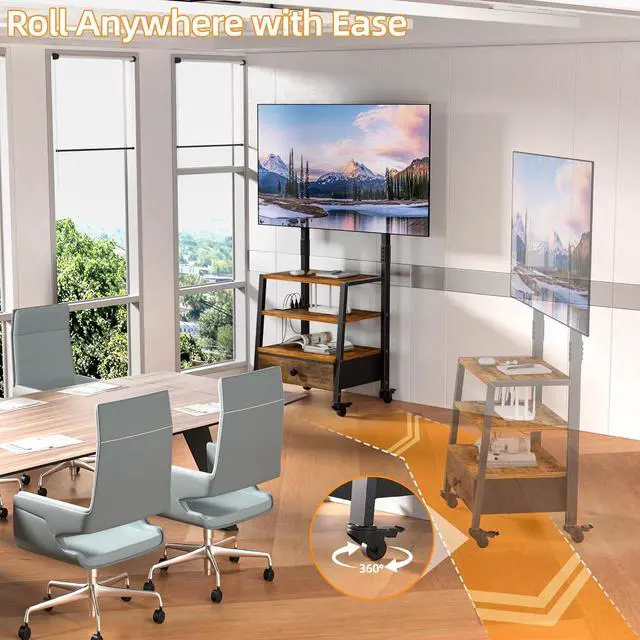 Alt view image 3 of 6 - Eyesoul Rolling TV Stand with Mount and Fabric Drawer for 32-75" TV - Entertainment Center with Charging Station and Industrial TV Console Table for Living Room, Bedroom - Rustic Brown