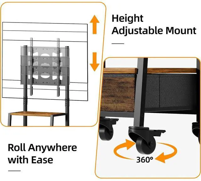 Alt view image 5 of 6 - Eyesoul Rolling TV Stand with Mount and Fabric Drawer for 32-75" TV - Entertainment Center with Charging Station and Industrial TV Console Table for Living Room, Bedroom - Rustic Brown