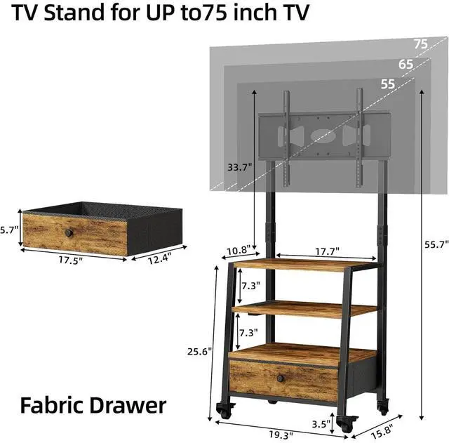 Alt view image 6 of 6 - Eyesoul Rolling TV Stand with Mount and Fabric Drawer for 32-75" TV - Entertainment Center with Charging Station and Industrial TV Console Table for Living Room, Bedroom - Rustic Brown