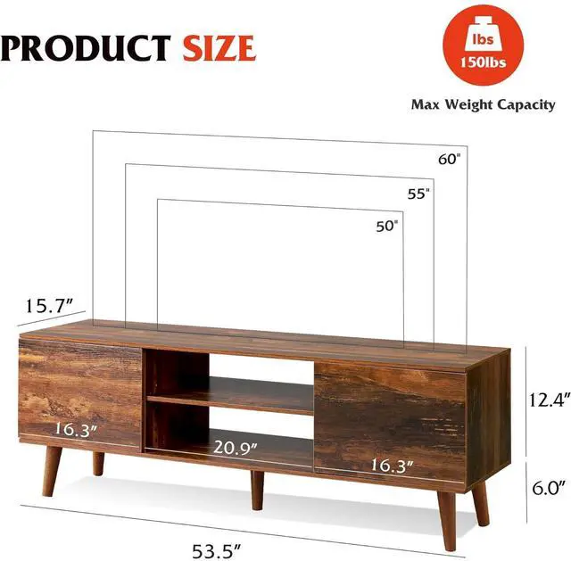 Alt view image 3 of 6 - Eyesoul TV Stand for 55 60 inch TV, Mid Century Modern TV Console, Entertainment Center with Storage for Living Room, Retro Brown