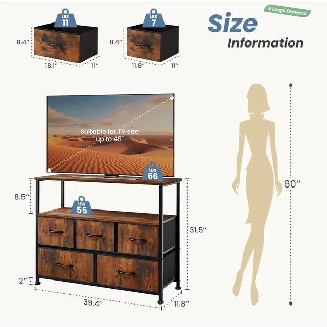 Alt view image 2 of 6 - Eyesoul TV Stand Dresser for Bedroom with 5 Fabric Drawer,Entertainment Center for 45 inch Television, Media Console Table with Storage, Open Shelf, Adjustable Feet, Living Room Furniture, Brown