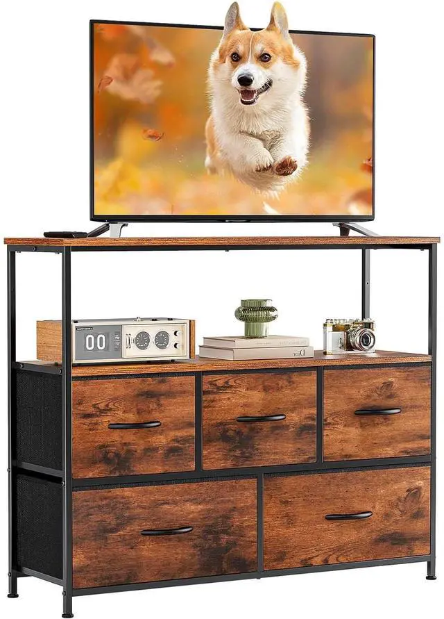 Main image of Eyesoul TV Stand Dresser for Bedroom with 5 Fabric Drawer,Entertainment Center for 45 inch Television, Media Console Table with Storage, Open Shelf, Adjustable Feet, Living Room Furniture, Brown