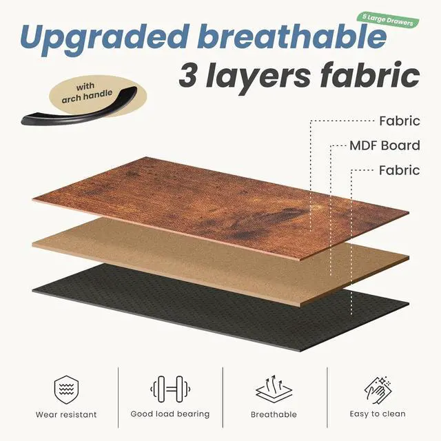 Alt view image 4 of 6 - Eyesoul TV Stand Dresser for Bedroom with 5 Fabric Drawer,Entertainment Center for 45 inch Television, Media Console Table with Storage, Open Shelf, Adjustable Feet, Living Room Furniture, Brown