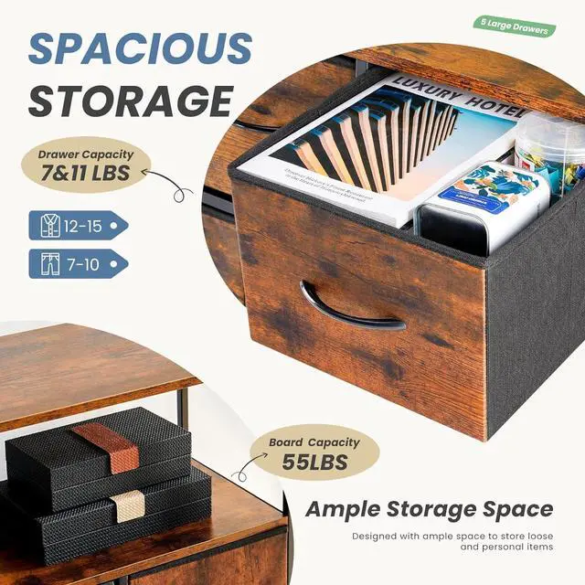 Alt view image 3 of 6 - Eyesoul TV Stand Dresser for Bedroom with 5 Fabric Drawer,Entertainment Center for 45 inch Television, Media Console Table with Storage, Open Shelf, Adjustable Feet, Living Room Furniture, Brown